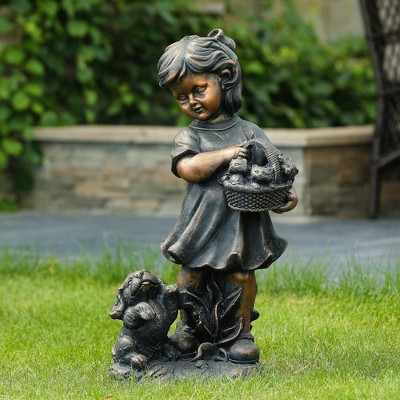 Bronze Girl Holding Basket of Kittens with Puppy Garden Statue