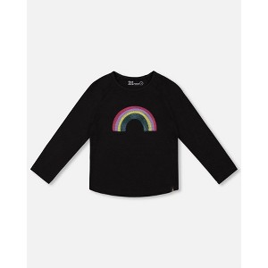 Deux par Deux Girl Organic Cotton Long Sleeve T-Shirt Black with Sequin Rainbow - 1 of 4
