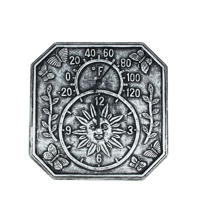 Swim Central 13.75" Gray Terracotta Embossed Sun, Flowers and Butterflies Indoor or Outdoor Wall Clock Thermometer