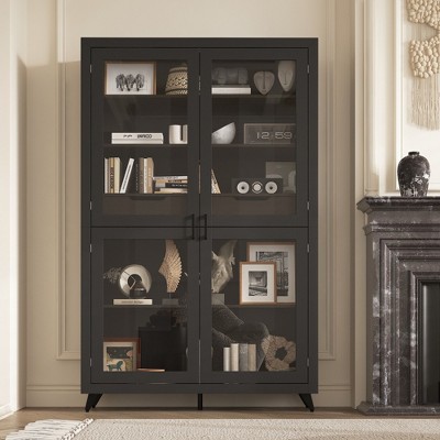 Famapy Black Modern - Style Bookcase with Magnetic - Suction Glass Doors and Internal Drawers