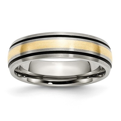 Black Bow Jewelry 6mm Titanium & 14K Gold Inlay Antiqued/Brushed Grooved Band