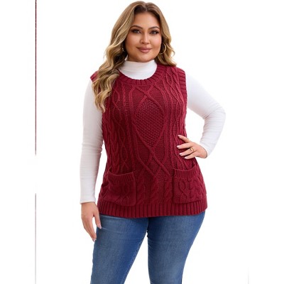 Agnes Orinda Women's Plus Size Knitted Crew Neck Sleeveless Casual Sweater Vest with Pocket