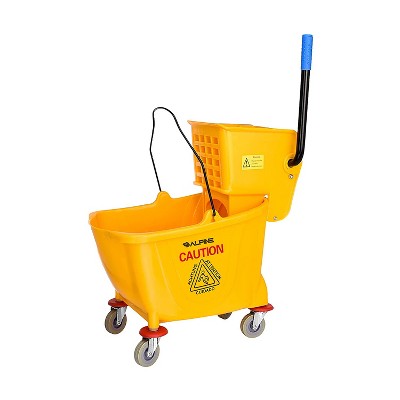 Alpine Industries 36 Quart Capacity Heavy Duty Commercial Mop Bucket with Removable Side Wringer, Rounded Front Lip, & Non Marking Wheels, Dark Yellow