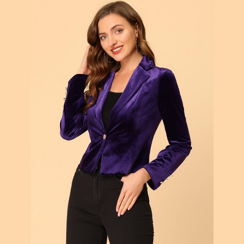 Allegra K Women's 1 Button Lapel Collar Business Office Crop Suit Velvet Blazer, 2 of 7