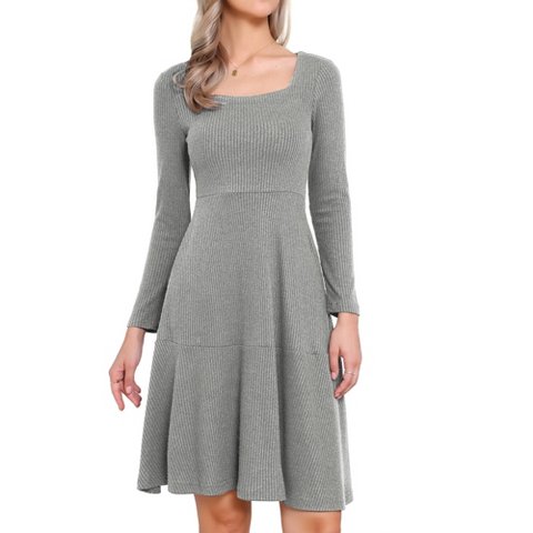Женские платья INSPIRE CHIC Women's Square Neck Casual Long Sleeve A Line Knit Pullover Dress with Pockets Grey Medium