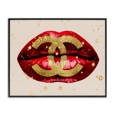Stupell Industries Vibrant Red Sparkle Lips Fashion Designer Logo Black Framed Giclee Art