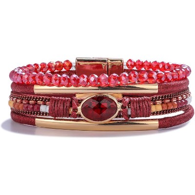 Leather Wrap Bracelet with Crystal Beads & Stone Charm, Boho Cuff with Clasp for Women