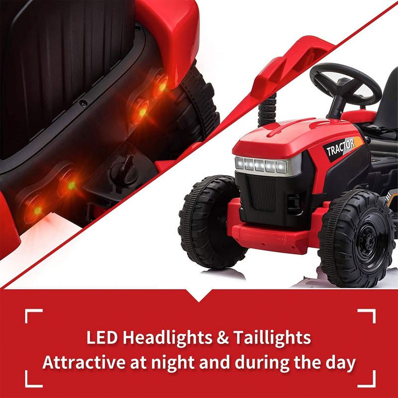 TOBBI 12V Electric Battery Powered Kids Ride On Tractor with Durable Trailer, 35 Watt Dual Motors, LED Lights, and USB Audio Functions, Red, 4 of 7