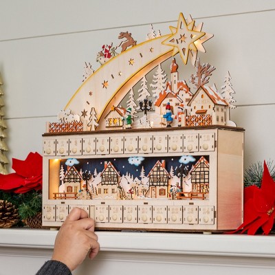 Wooden Christmas Advent Calendar with LED Lights and Shooting Star
