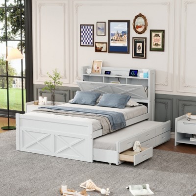 Wooden Trundle Bed with Storage Drawers,USB Charging,Space Saving Kids Furniture-Maison Boucle