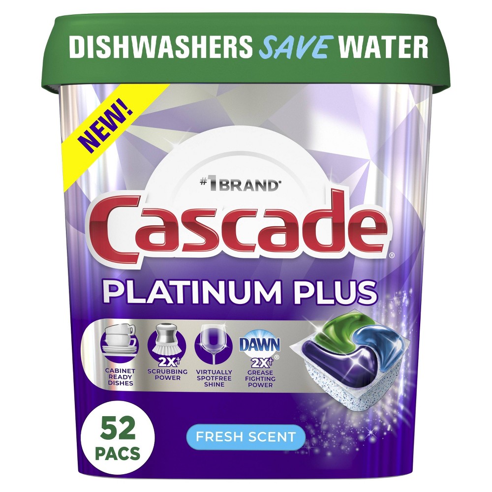 Cascade Platinum Plus Dishwasher Detergent Pods  Fresh  52 Count