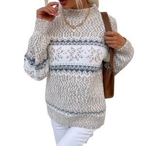 Women's Long Sleeve Mock Neck Knitted Sweater Geometric Snowflake Graphic Fitted Pullover Sweaters - 1 of 3