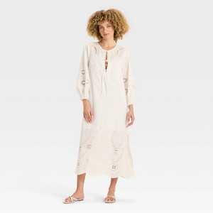Women's Long Sleeve Eyelet Caftan A-Line Dress - Future Collective Cream - 1 of 3