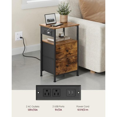 Rustic Brown and Black 2-Drawer Nightstand Set with Charging Station