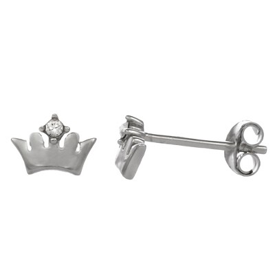 FAO Schwarz Sterling Silver Crown Stud Earrings with Crystal Stone Accent