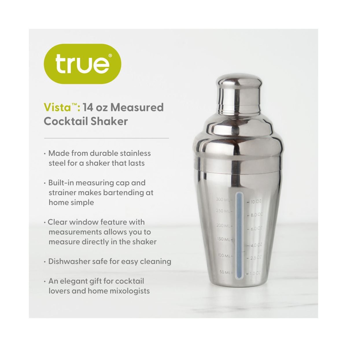 True Vista Measured Cocktail Shaker, 14 oz Stainless Steel with Built-in Strainer & Jigger Cap, Clear Window with Measurements, Home Bartender Gifts - thumbnail 2