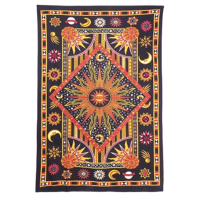 HomeRoots 80" X 56" Black Red And Yellow Cotton Star and Sunburst Hanging Tapestry