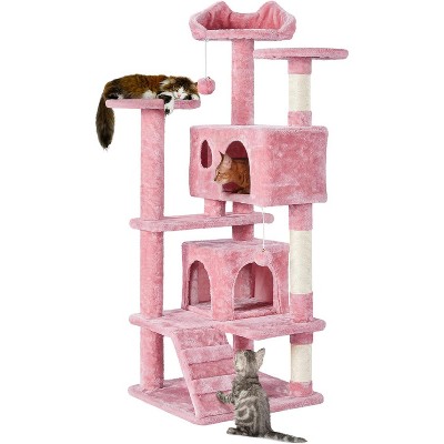 54in Christmas Cat Tree, Tower with Spacious Kitten-Ear Perch, 2 Cozy Caves, Scratching Posts, Climbing Ladde