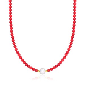 Ross-Simons 8.5-9.5mm Cultured Pearl and 4-4.5mm Red Coral Bead Necklace With 18kt Gold Over Sterling - 1 of 2