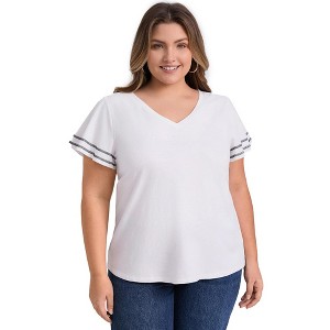 GRACE & GRANDEUR Women's Plus Size Contrasting Striped Colors V Neck Ruffle Short Sleeves Summer T-Shirts - 1 of 4
