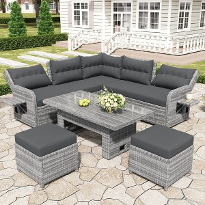 CAVINAS Outdoor Sofa Set, Rattan Outdoor Patio Furniture Set with Retractable Side Table, Modern Patio Conversation Sets for Garden - 1 of 4