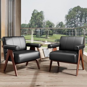 Black Faux Leather Chair, Mid-Century Accent Chair with 7-inch Thick Seat Cushion For Office, Study Room - 1 of 4