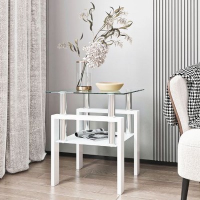 NicBex Modern 2-Tier Glass End Table for Living Room, Transparent & Frosted Side Table with Metal Legs, Square Small Coffee Table with Tempered Glass