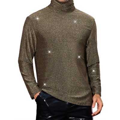 Lars Amadeus Men's Nightclub Shiny Party Glitter Long Sleeve Turtleneck T-Shirt