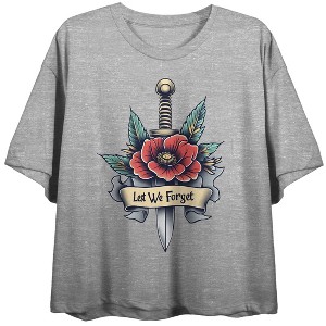 Memorial Day Lest We Forget Poppy & Sword Women's Gray Heather Crew Neck Short Sleeve Crop Top - 1 of 4