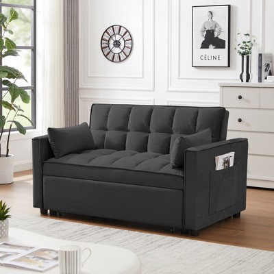 LOVMOR Modern Velvet Loveseat Futon Sofa Couch w/Pullout Bed,Small Love Seat Lounge Sofa w/ Toss Pillows, Pockets, 3 in 1 Convertible Sleeper Sofa Bed