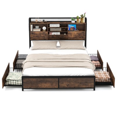 Tangkula Queen Size Bed Frame w/ Bookcase Headboard & 4 Storage Drawers Vintage Brown
