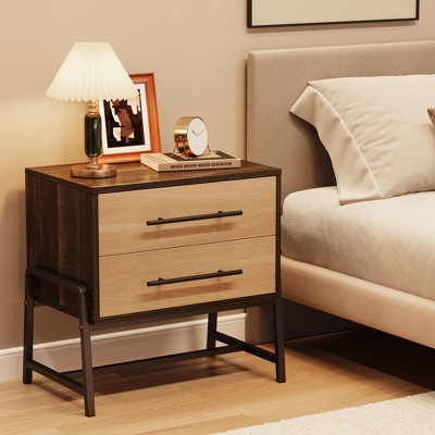 Homhougo Nightstand with 2 Drawers, Bedside Table with Storage, Wood Night Stand with Metal Legs, End Tables for Bedroom Living Room
