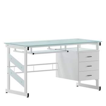 Emma and Oliver White Computer Desk with Frosted Glass Top and 3-Drawer Pedestal