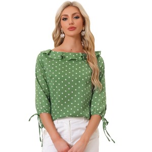 Allegra K Women's Vintage 3/4 Sleeve Boat Neck Ruffled Dots Print Blouse - 1 of 4