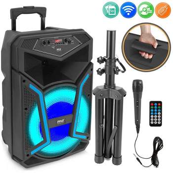 Portable Bluetooth PA Speaker System - 600W 10” Outdoor BT Speaker -  Includes 2 Wireless Microphones, Party Lights, USB SD Card Reader, FM  Radio