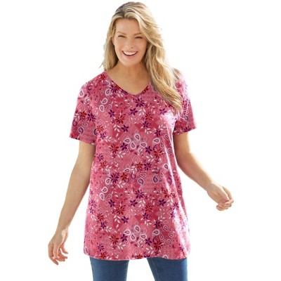 Woman Within Plus Size Perfect Printed Short-Sleeve V-Neck Tunic