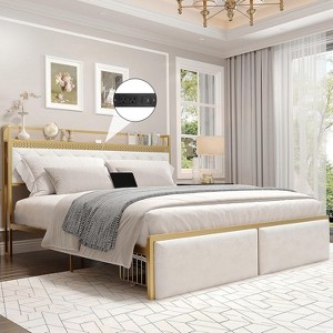 Bed Frame with Storage Headboard and 2 Drawers, Platform Metal King Bed Frame with LED Lights and Charging Station, Noise Free, No Box Spring Needed - 1 of 4
