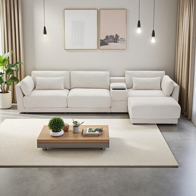 124" Chenille L-Shaped Modular Sectional Sofa with Console & Charging