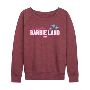 Women's - Barbie - Greetings from Barbie Land Lightweight French Terry Wide Neck Long Sleeve Shirt - 1 of 4