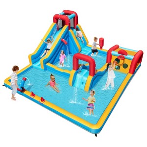 Costway Inflatable Water Park with Climbing Wall Boxing Post Basketball Rim Blower - 1 of 4
