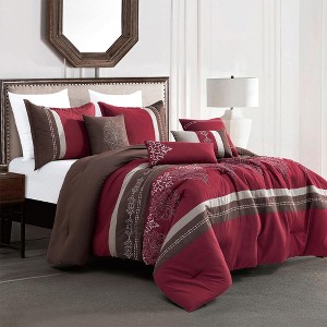 Home Mart Goods 7 Piece Burgundy Brown Embroidery Soft Bedding Comforter Set - Queen Size - 1 of 4