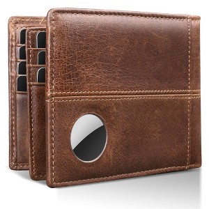 Wallet Mens RFID Blocking Genuine Bifold Leather Wallets for air tag Men's Wallet with 1 ID Window 15 Card Slots - 1 of 4