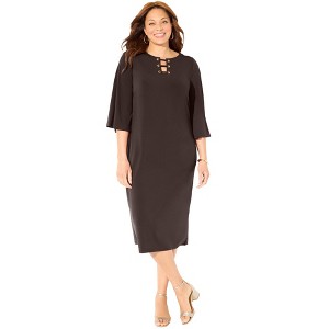 Catherines Women's Plus Size Bell-Sleeve Lace-Up Shift Dress - 1 of 4