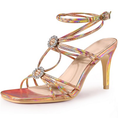 Perphy Women's Slingback Rhinestone Square Toe Ankle Strap Stiletto Heel Sandals