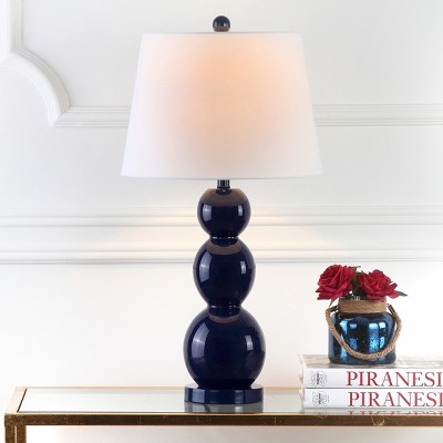 Elegant Navy Glass Table Lamp Set with Graduated Orbs and Off-White Shade