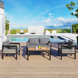 Outdoor 4 Pcs Seating Set, Patio Lounge Sets with Loveseat and Table, Patio Lounge Sets with Iron Frame and PE Cushions-Coolbibila - 1 of 4
