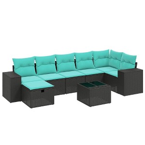 vidaXL 8 Piece Patio Sofa Set with Cushions Black and Blue Poly Rattan - With Table - 1 of 4