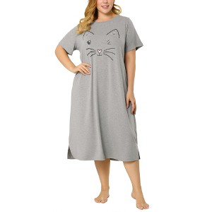 Women's Plus Size Cute Print Crew Neck Short Sleeve Split Hem Midi Sleep Shirts Lounge Nightgowns with Pockets - Agnes Orinda - 1 of 4