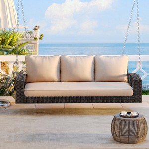3-Person Double Strand PE Wicker Weave Porch Swing,Large Patio Swing Bench with Cushion And Chains For Backyard Poolside-Cuddlewood - 1 of 4