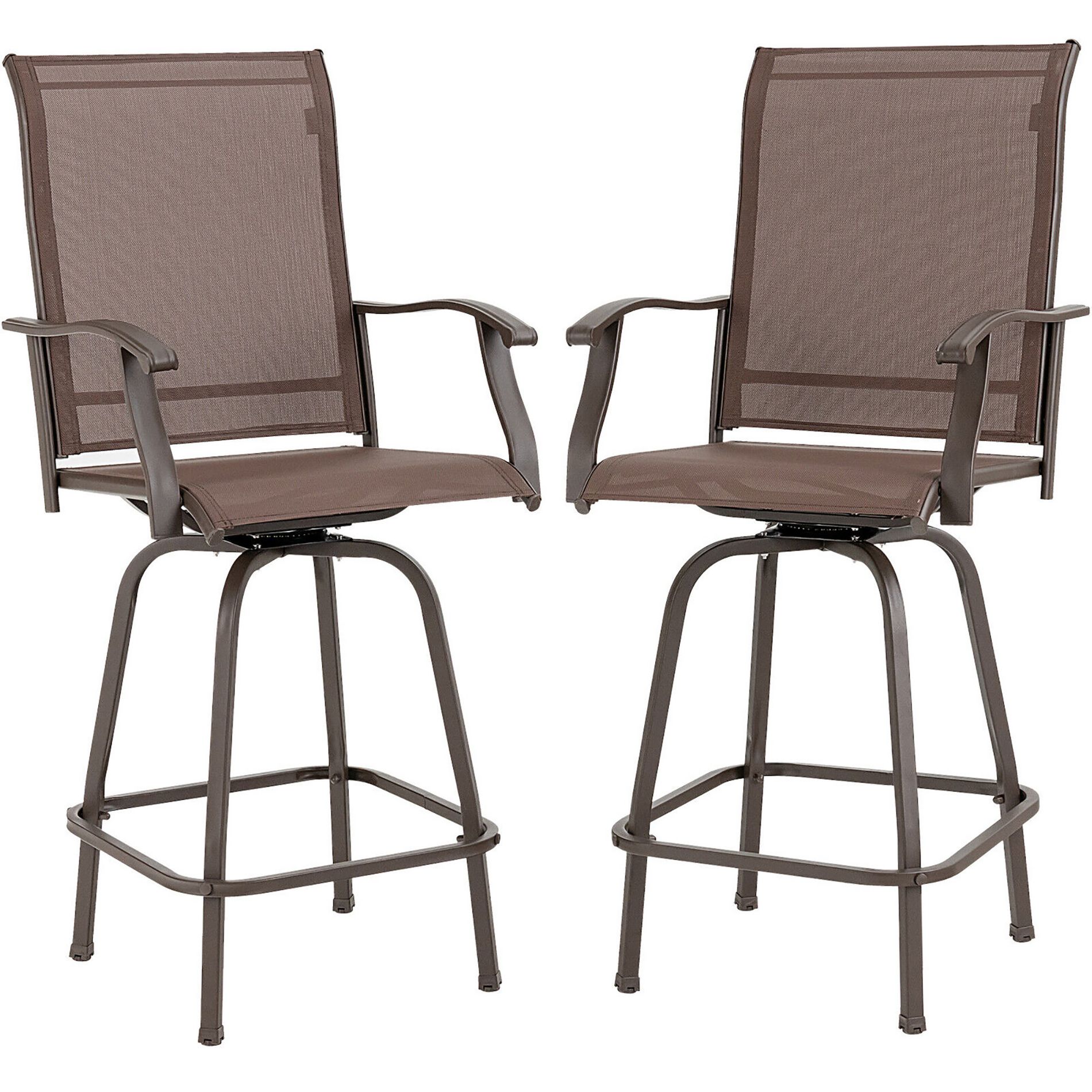 Costway 2PCS Patio Swivel Bar Stools Chairs 360 Rotation Barstool Armrest Brown